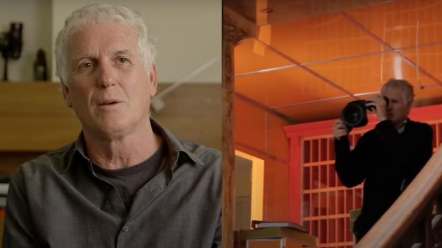 Robert Yeoman ASC in two split images; in one he is talking, in the other he is using a camera