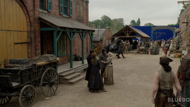 Cast and crew on an old-timey Outlander set