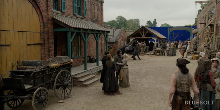 Cast and crew on an old-timey Outlander set