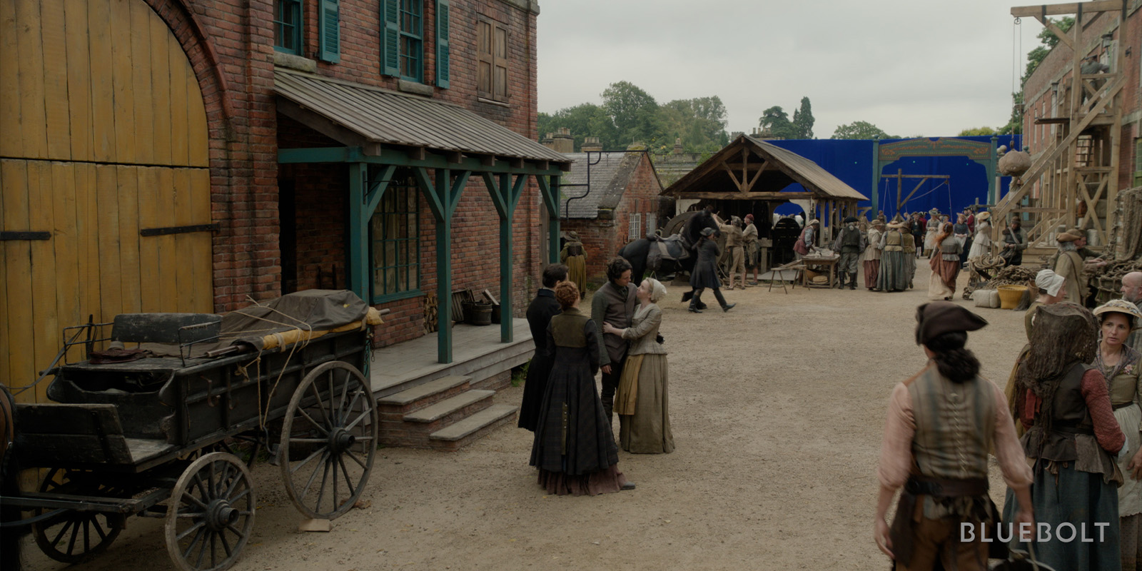 Cast and crew on an old-timey Outlander set