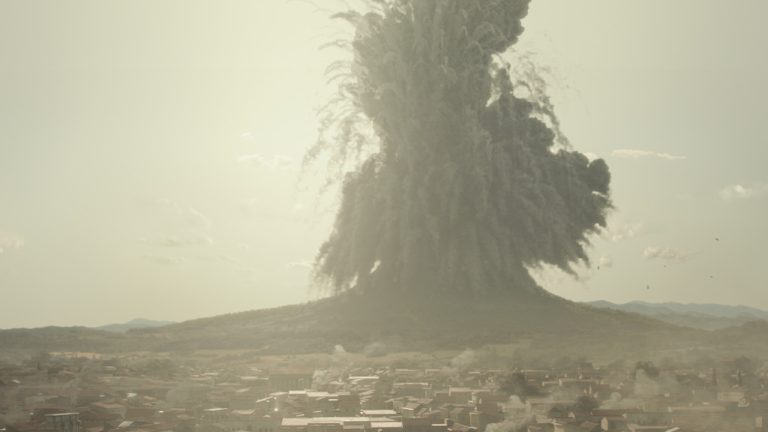An explosion from a volcano in Pompeii
